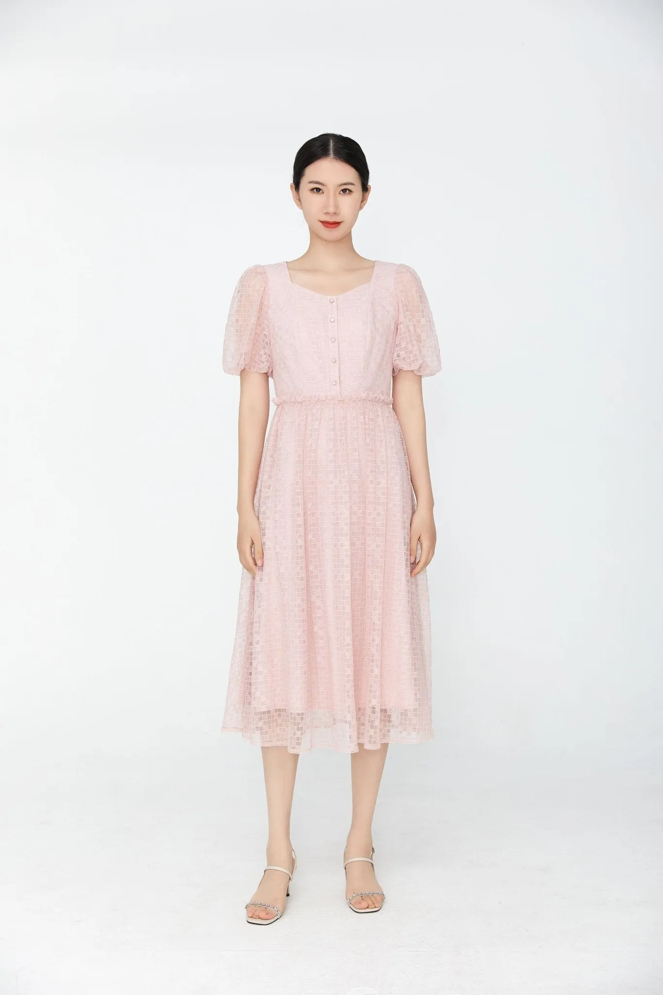 Pink Puff Sleeves Lace Midi Dress