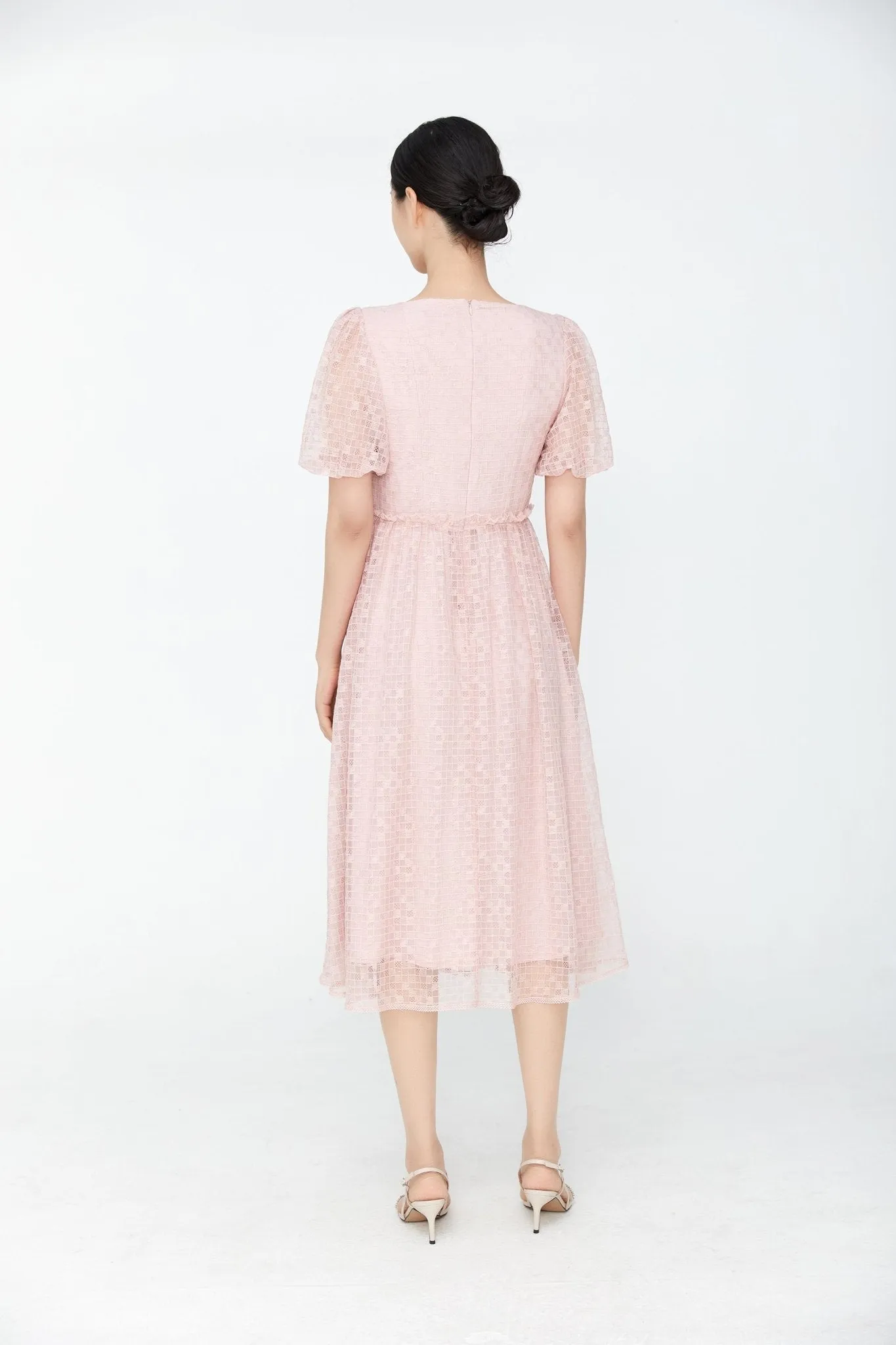 Pink Puff Sleeves Lace Midi Dress