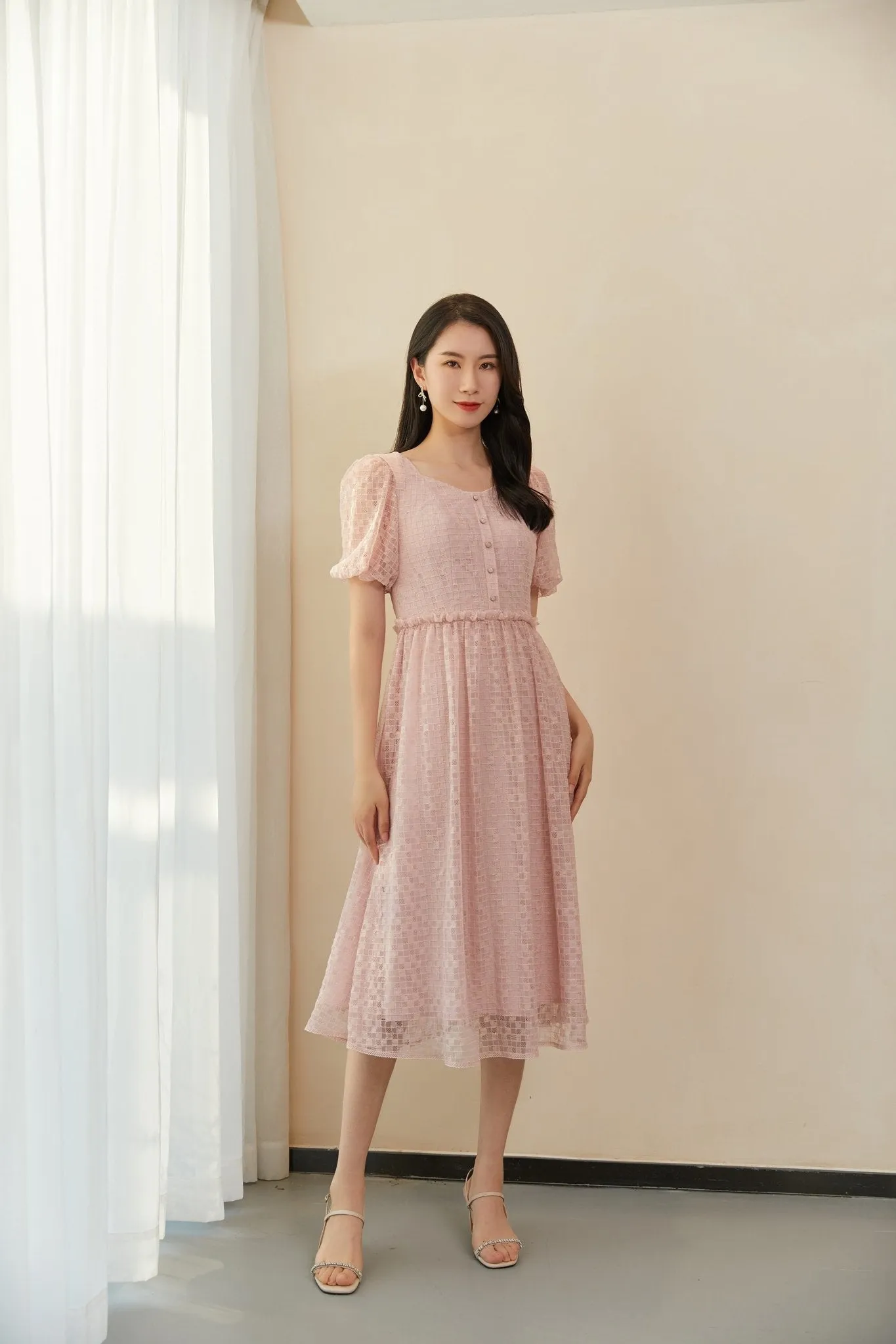 Pink Puff Sleeves Lace Midi Dress