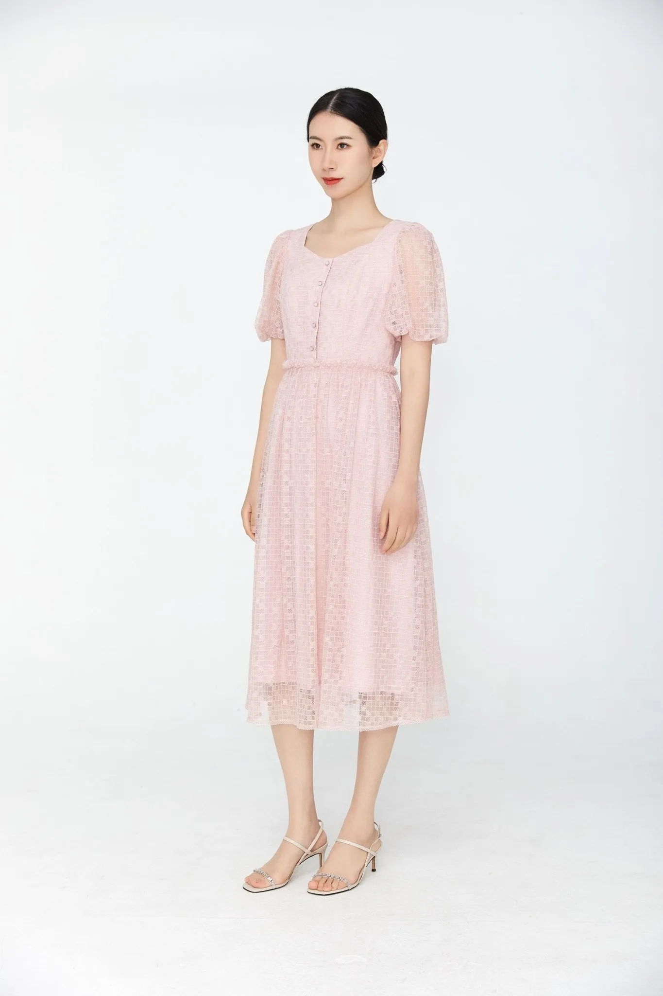 Pink Puff Sleeves Lace Midi Dress