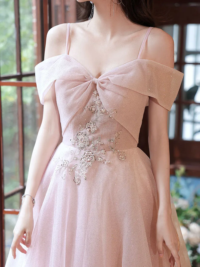 Pink Tulle Off Shoulder Lace Long Prom Dress, Pink Tulle Evening Dress