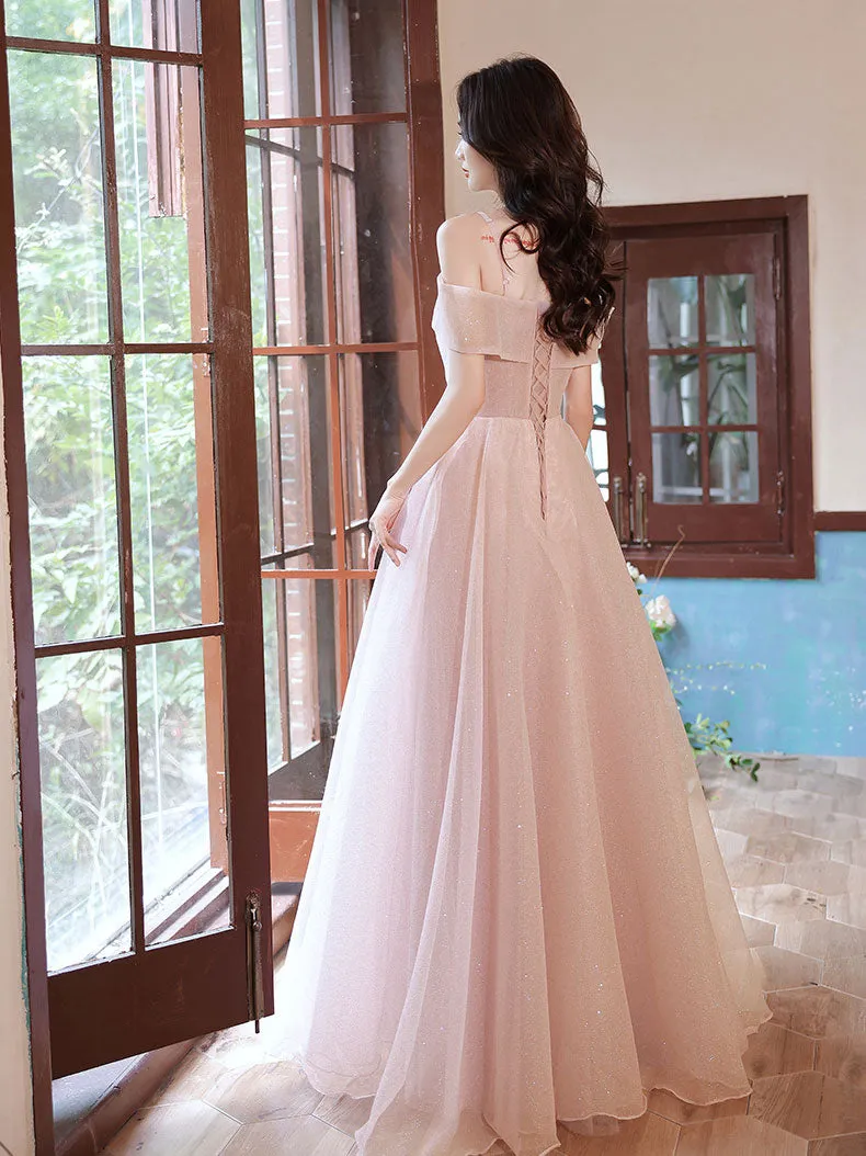 Pink Tulle Off Shoulder Lace Long Prom Dress, Pink Tulle Evening Dress