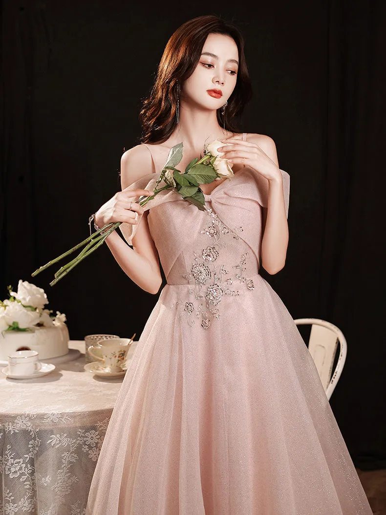 Pink Tulle Off Shoulder Lace Long Prom Dress, Pink Tulle Evening Dress