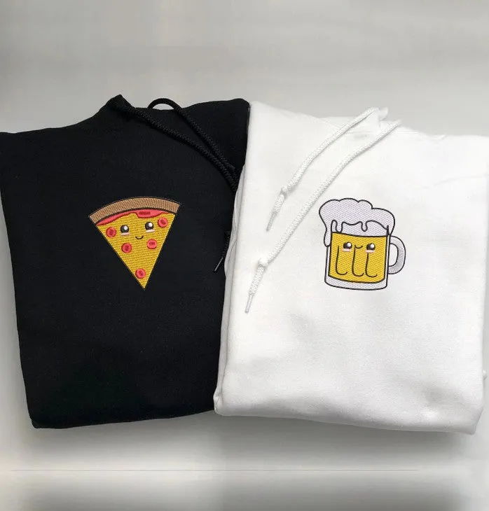 Pizza and Beer Embroidered Matching Couple Hoodies - Personalized Embroidered Sweatshirts For Couples