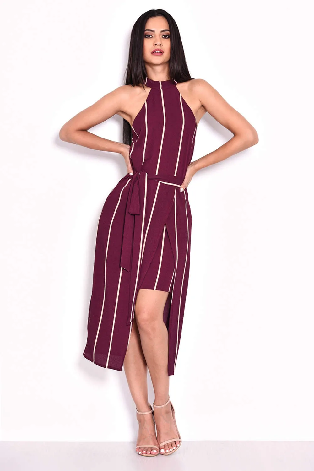 Plum Striped Tie Waist Dress