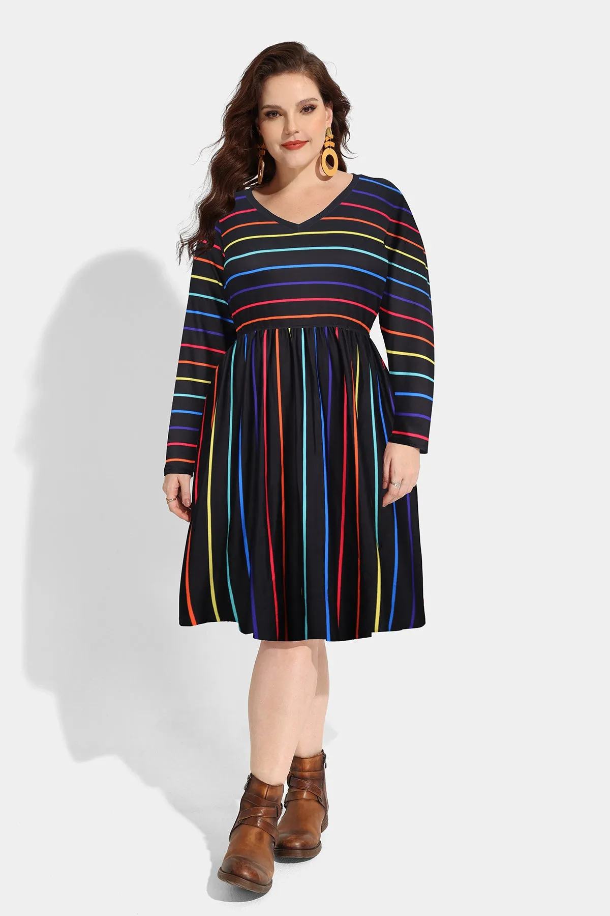 Pockets Rainbow Striped Elasticated Waist Midi Dress