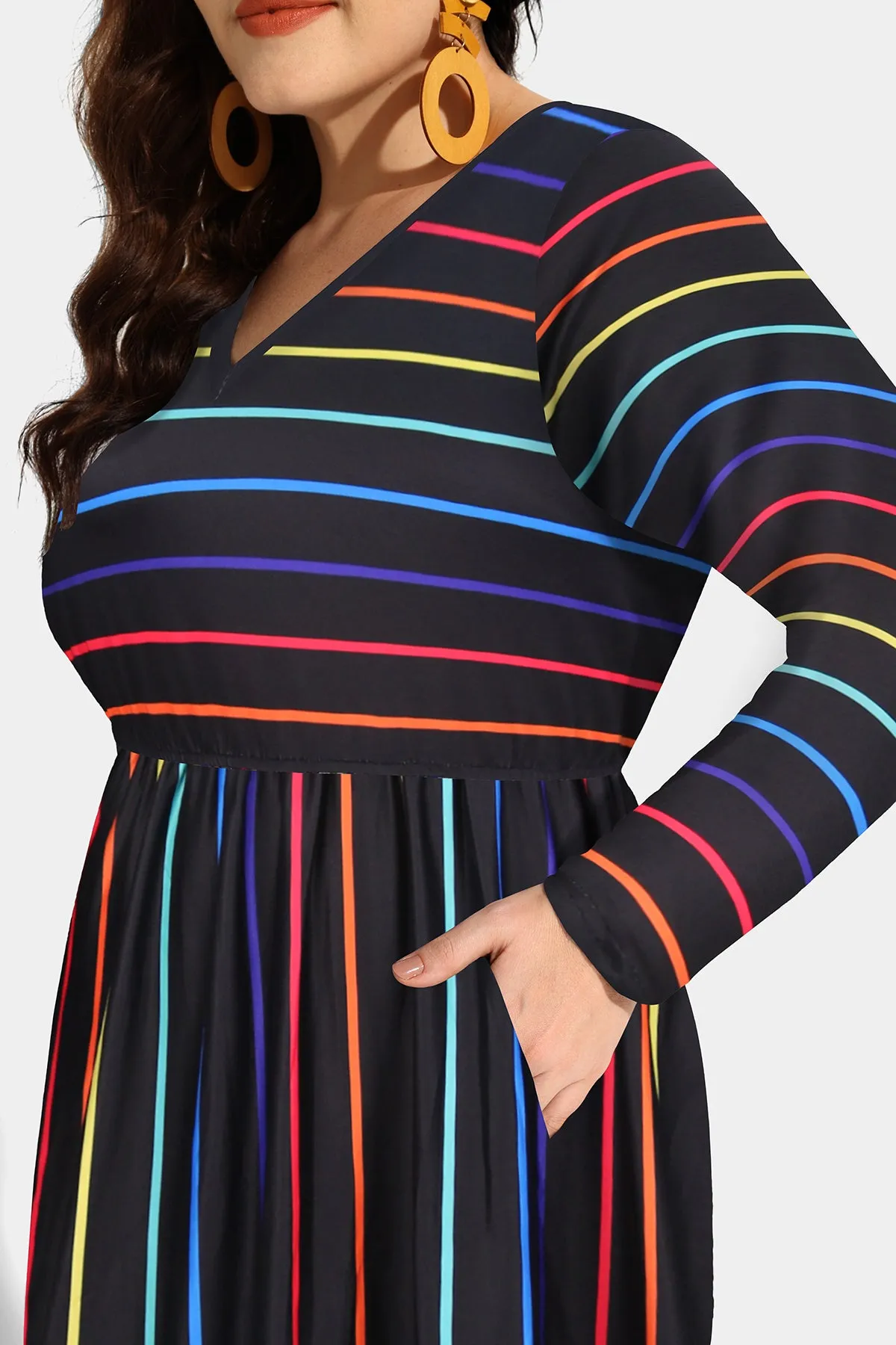 Pockets Rainbow Striped Elasticated Waist Midi Dress