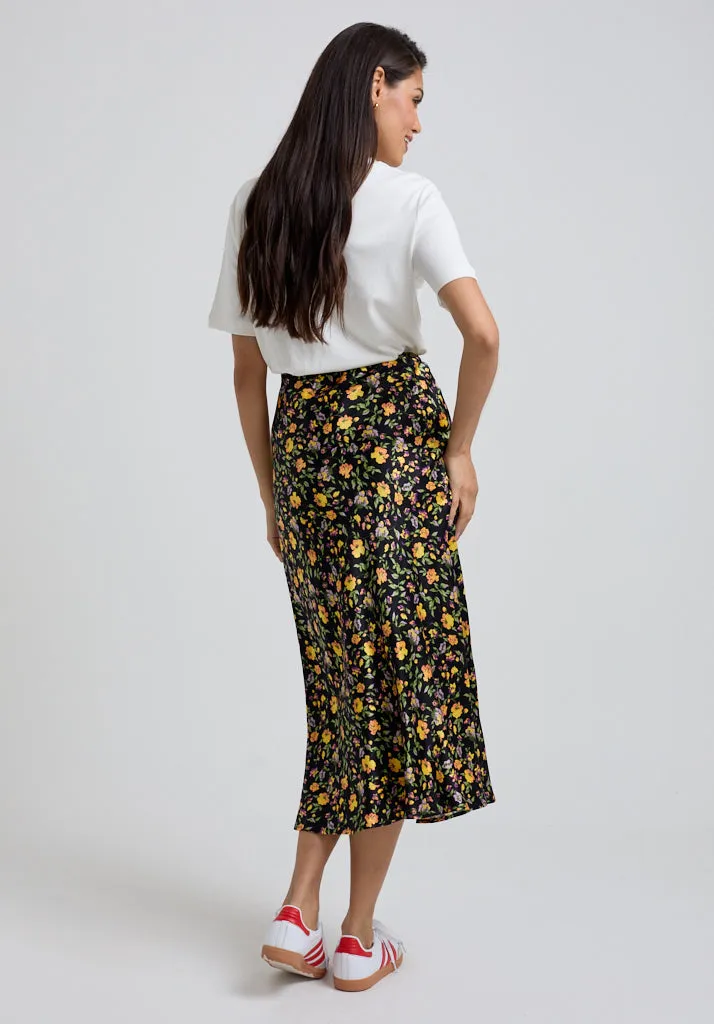 Poppy Bias Cut Floral Print Midi Skirt In Multi