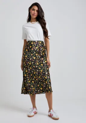 Poppy Bias Cut Floral Print Midi Skirt In Multi