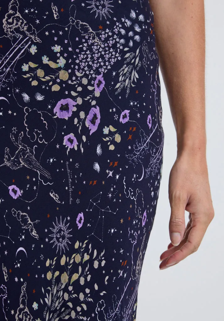 Poppy Bias Cut Zodiac Print Midi Skirt In Multi