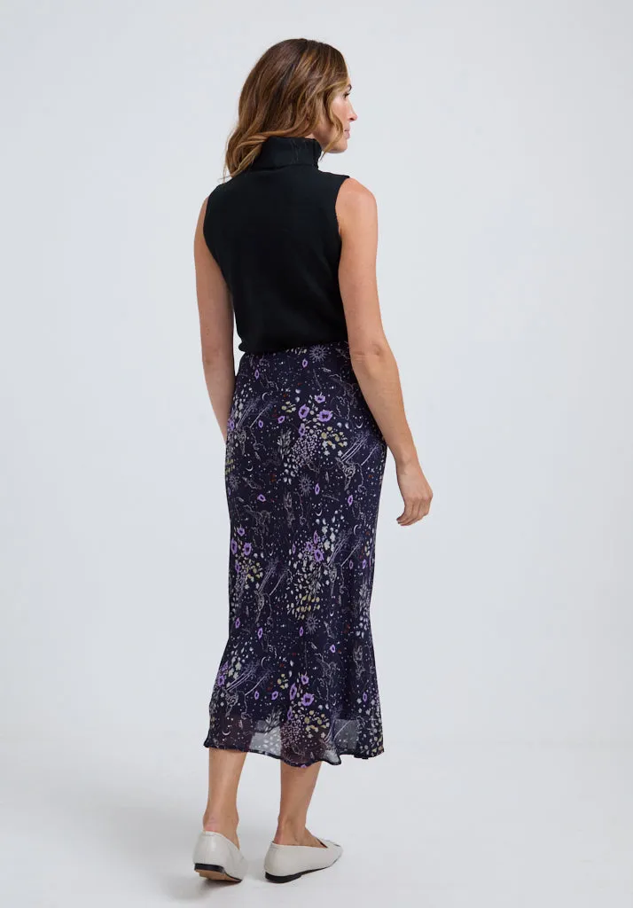 Poppy Bias Cut Zodiac Print Midi Skirt In Multi