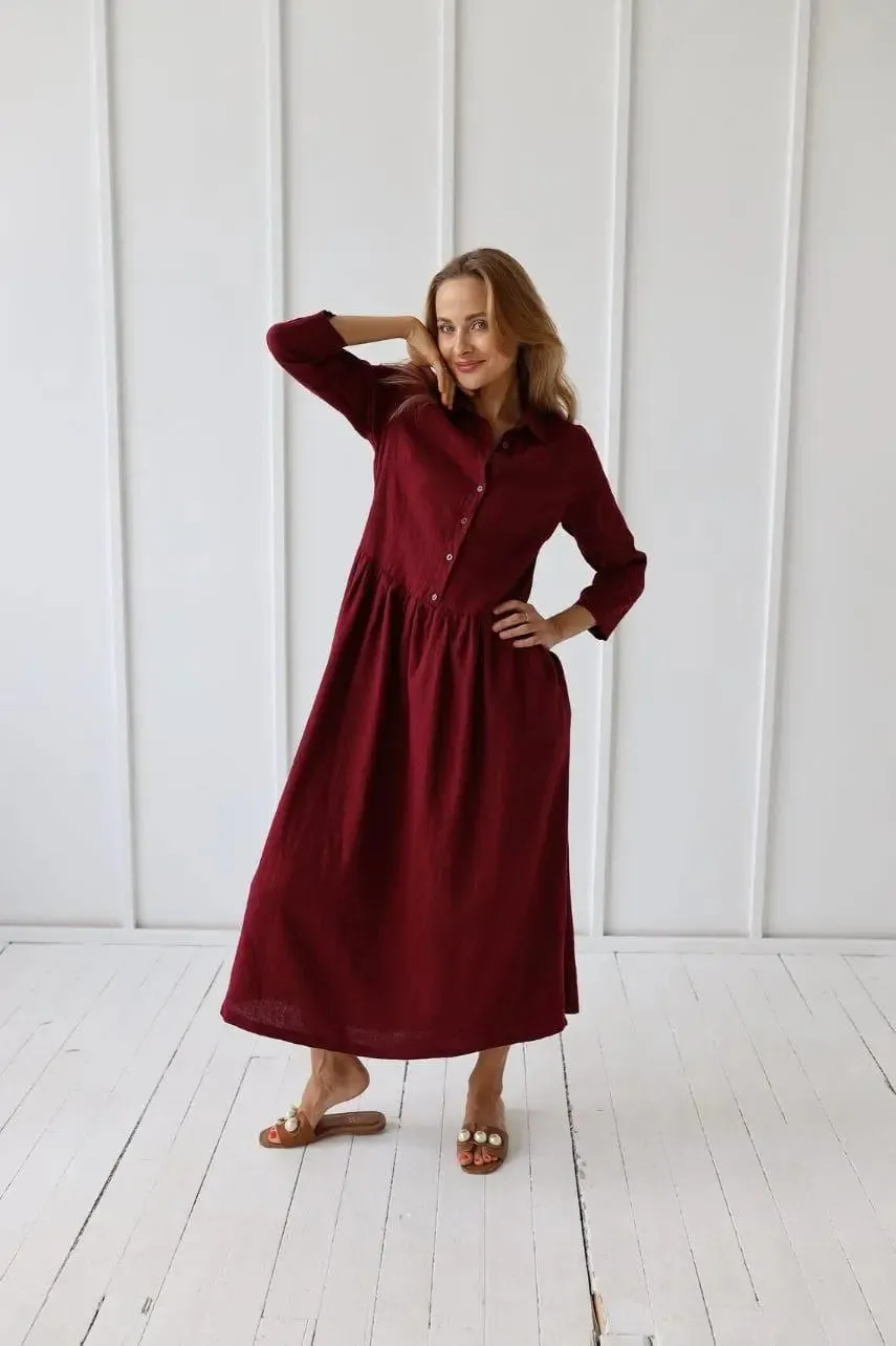 PRE-ORDER Long Linen Collar Dress by Odalux