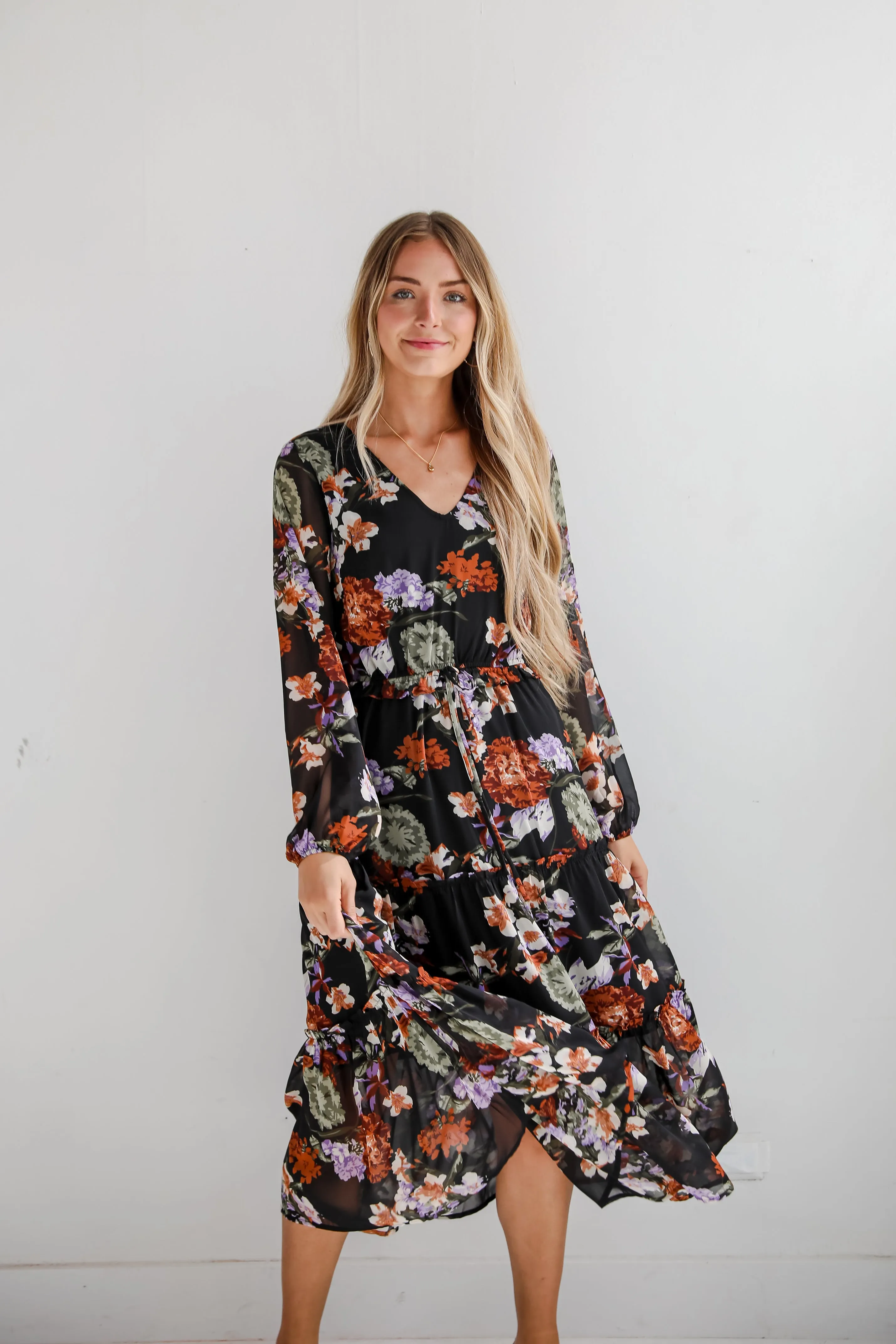 Prepared To Impress Black Floral Midi Dress