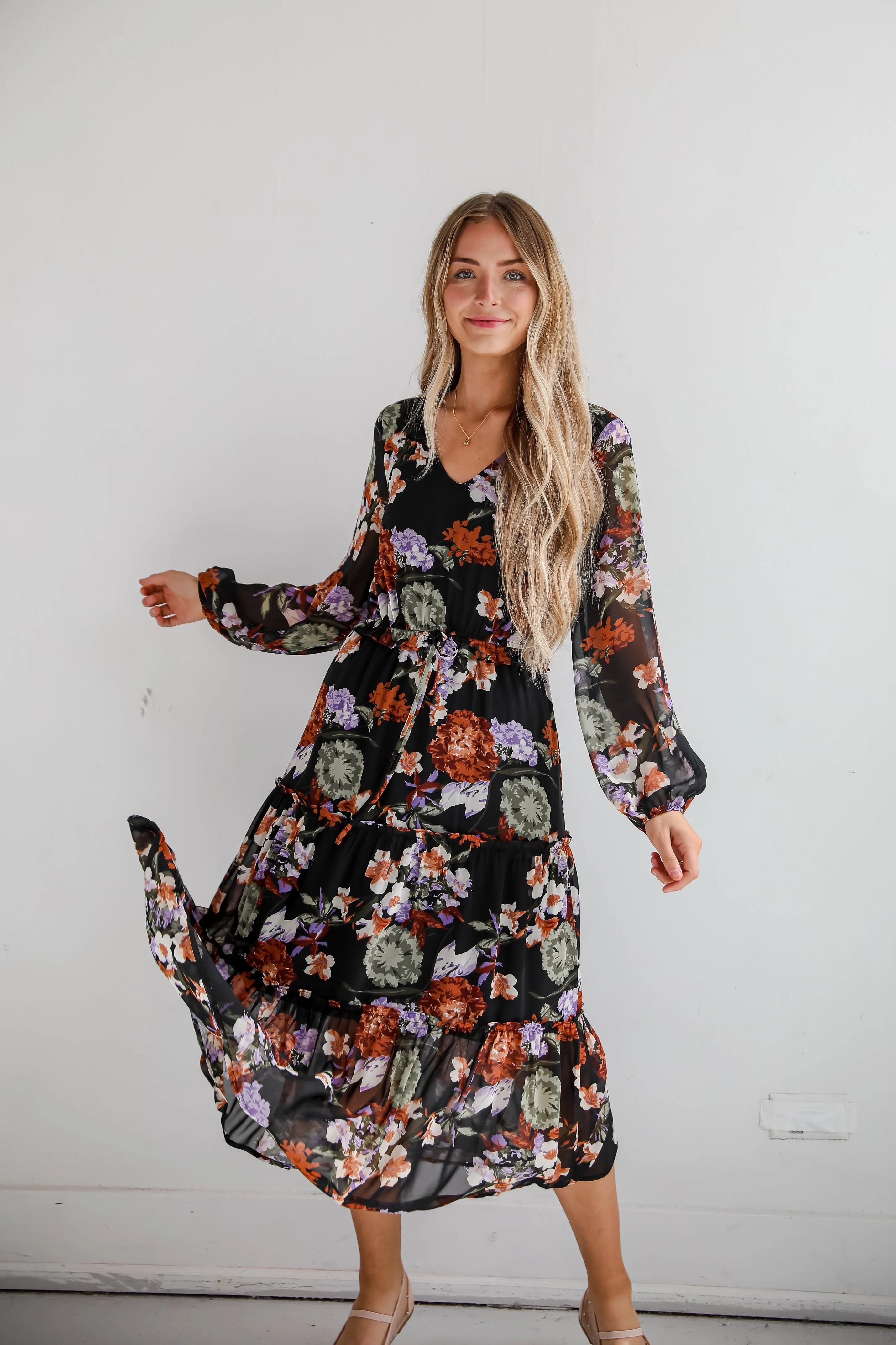 Prepared To Impress Black Floral Midi Dress