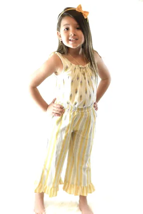 Printed Ivory Tie-Top with Striped Ruffle Pants 2 pc. Set