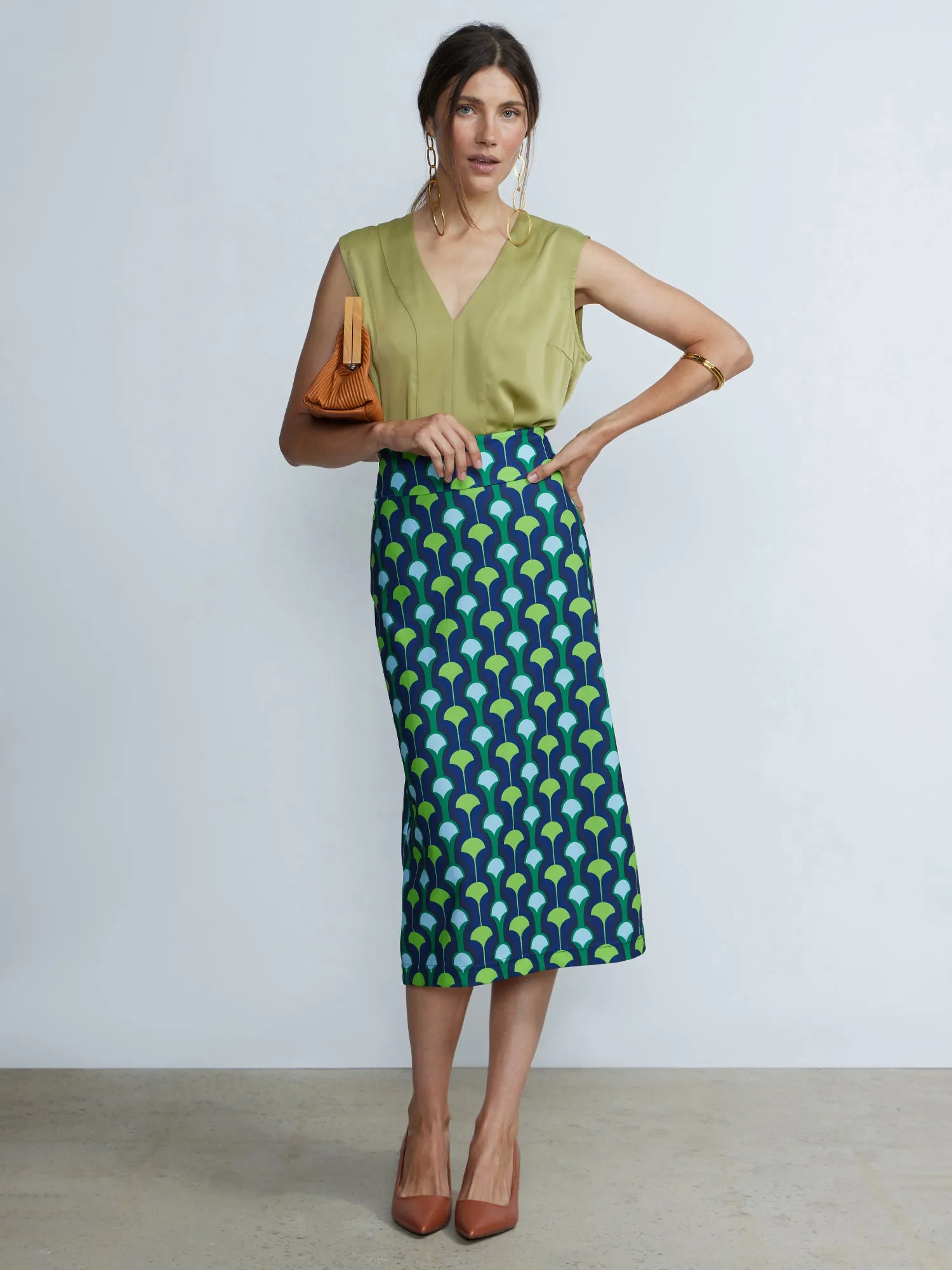 Printed Side Slit Slim Midi Skirt