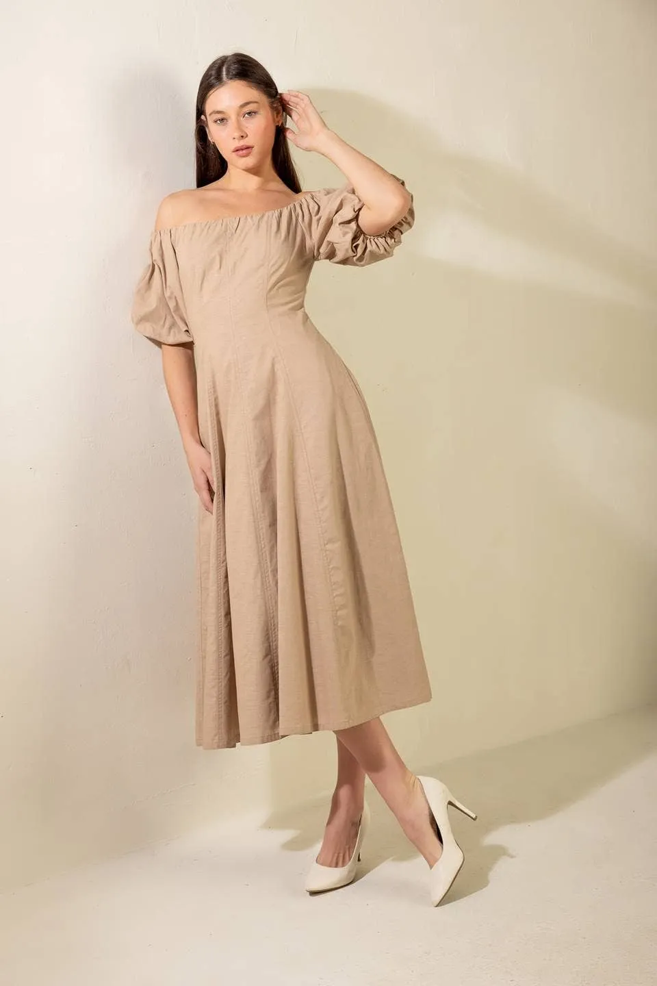 Puff Sleeve Taupe Dress