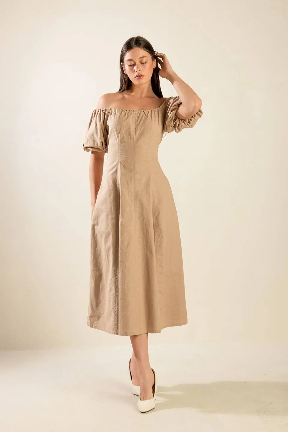 Puff Sleeve Taupe Dress