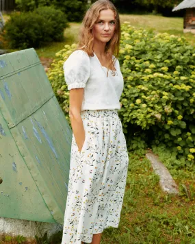 R: SION gathered linen skirt (Size: S; Color: Milky White/Blue Rose)