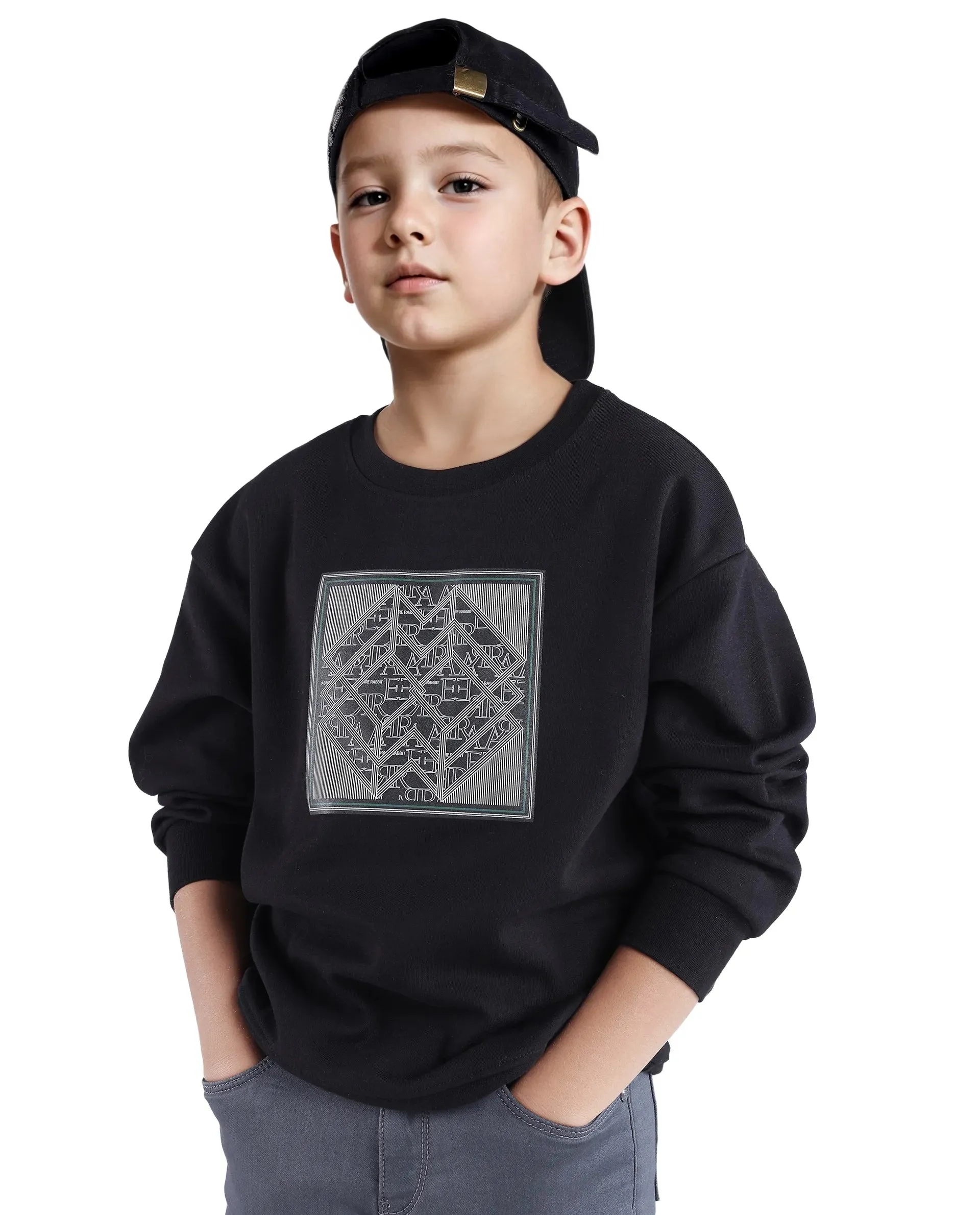 Rare Ones Kids Crocen Black Cotton Full Sleeve Crew Neck HD Print Monogram Sweatshirt