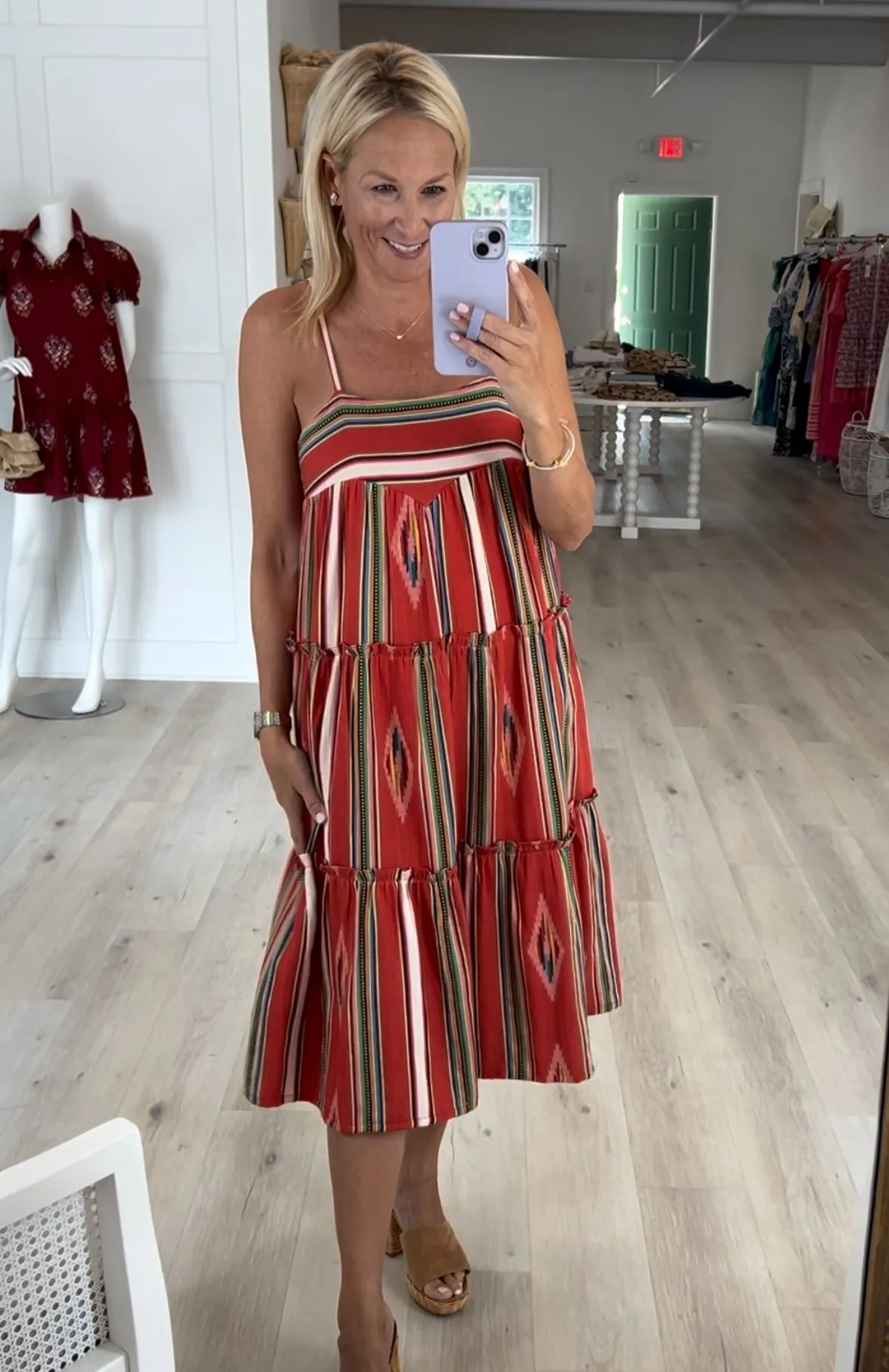 Red Multi Stripe Woven Midi Dress