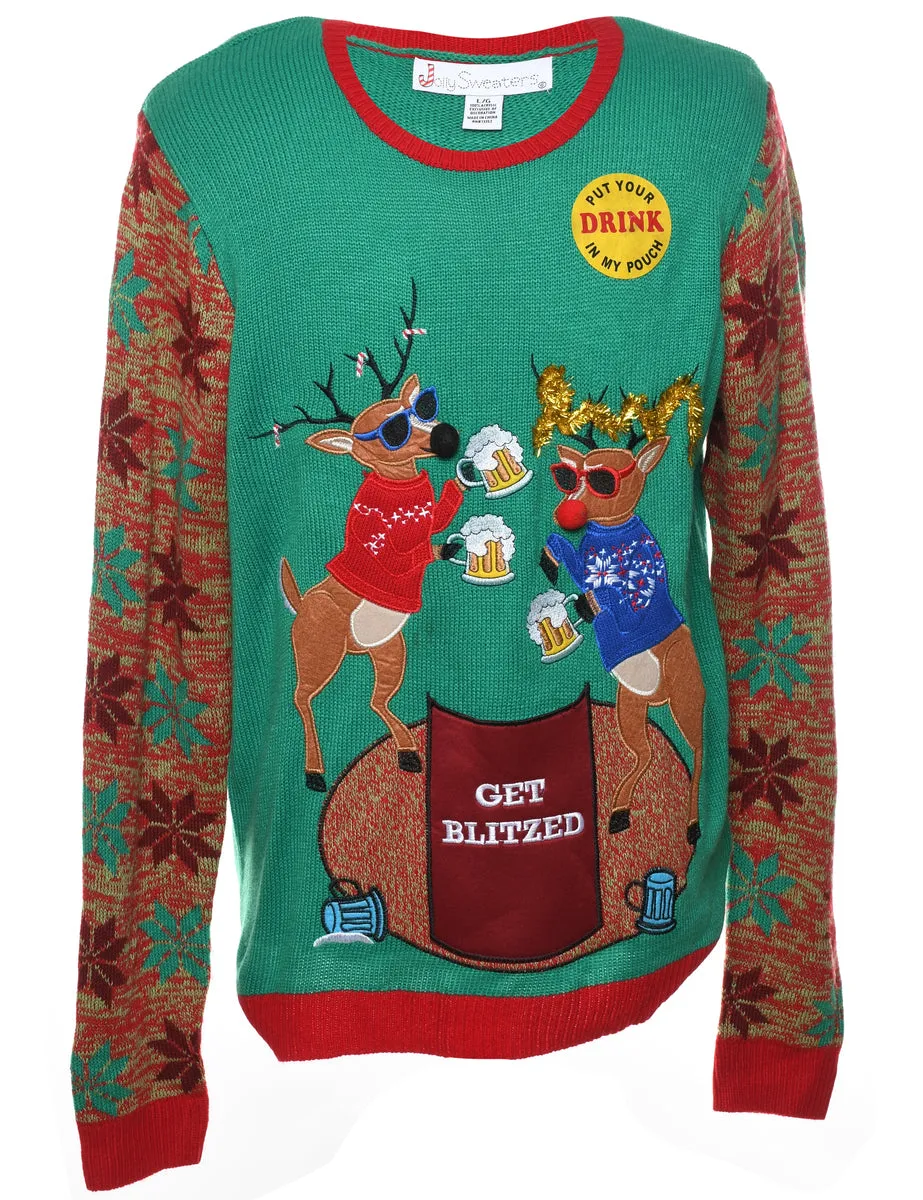 Reindeer Design Green Christmas Jumper - L