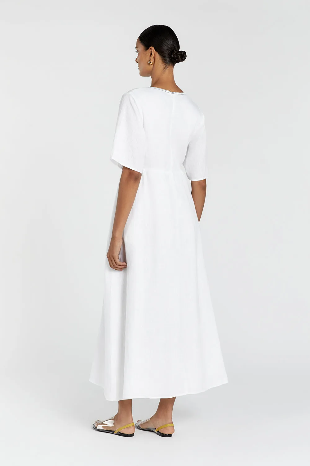 RHODES WHITE LINEN MIDI DRESS