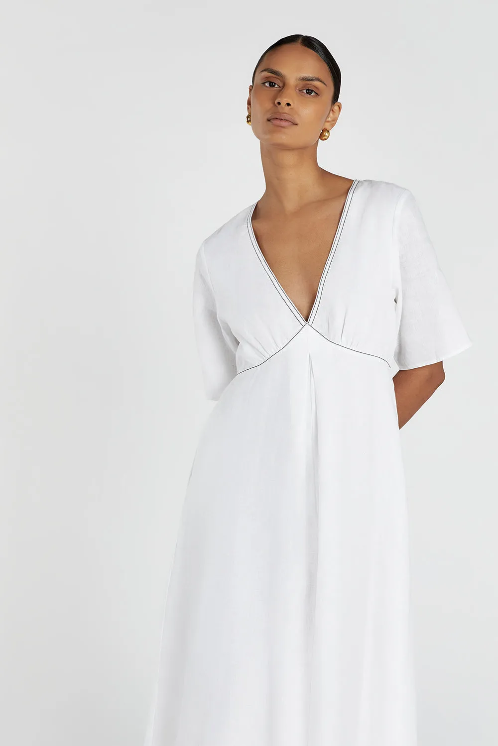 RHODES WHITE LINEN MIDI DRESS