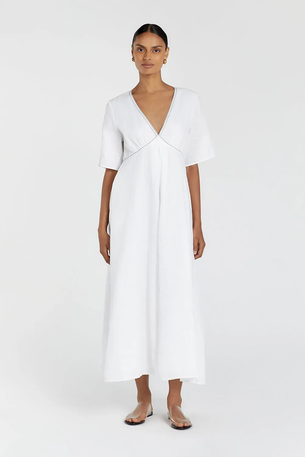 RHODES WHITE LINEN MIDI DRESS