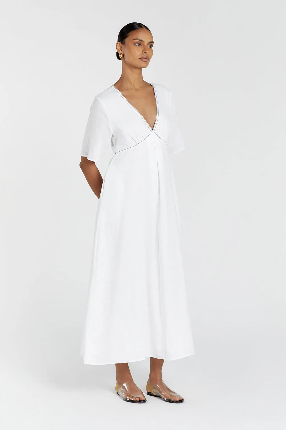 RHODES WHITE LINEN MIDI DRESS