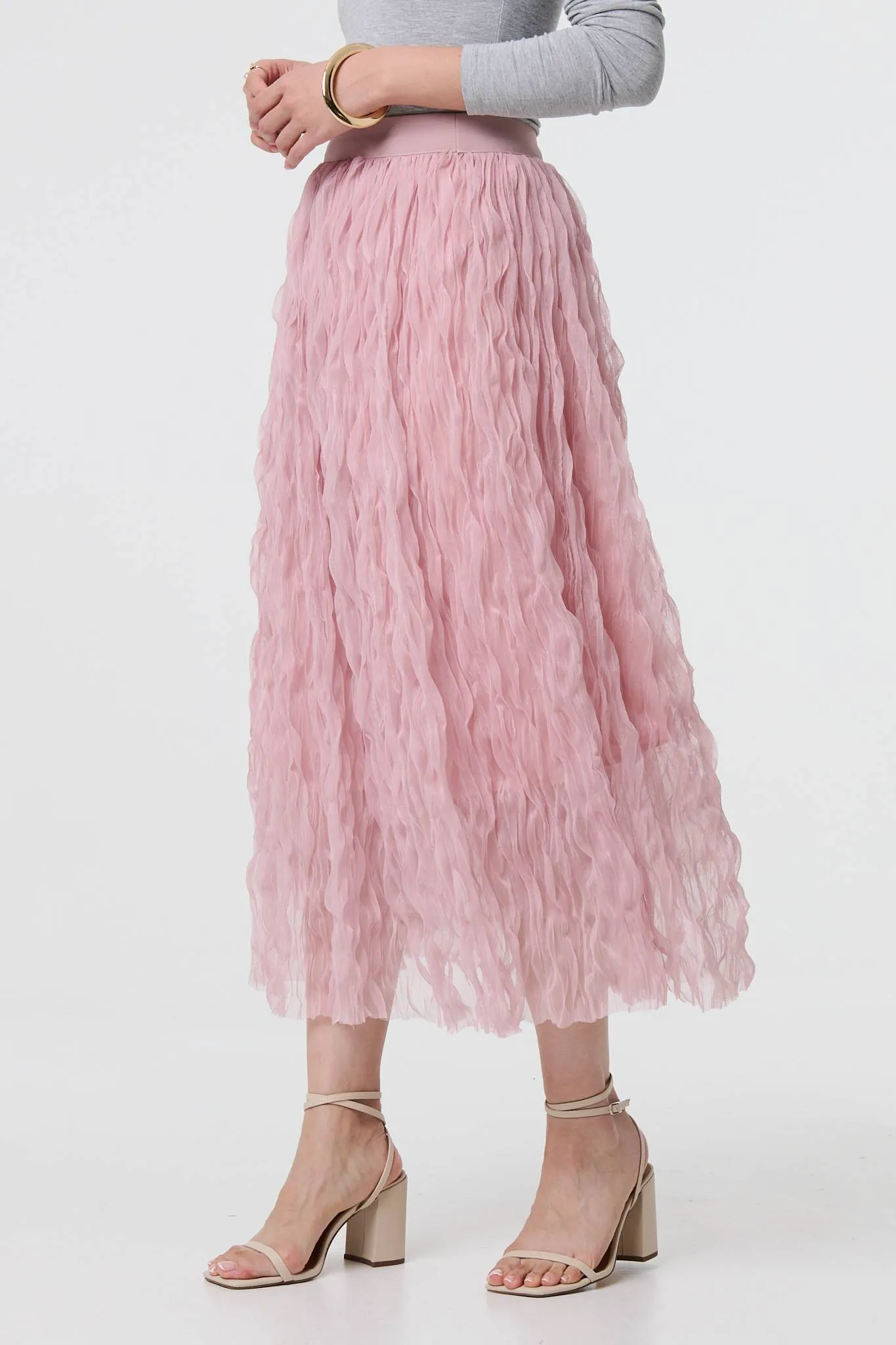 Ruffled High Waist Semi Sheer Midi Skirt