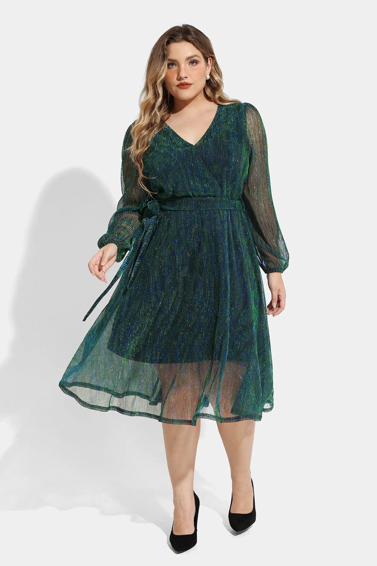 Sequin Mesh Surplice Neckline Midi Dress