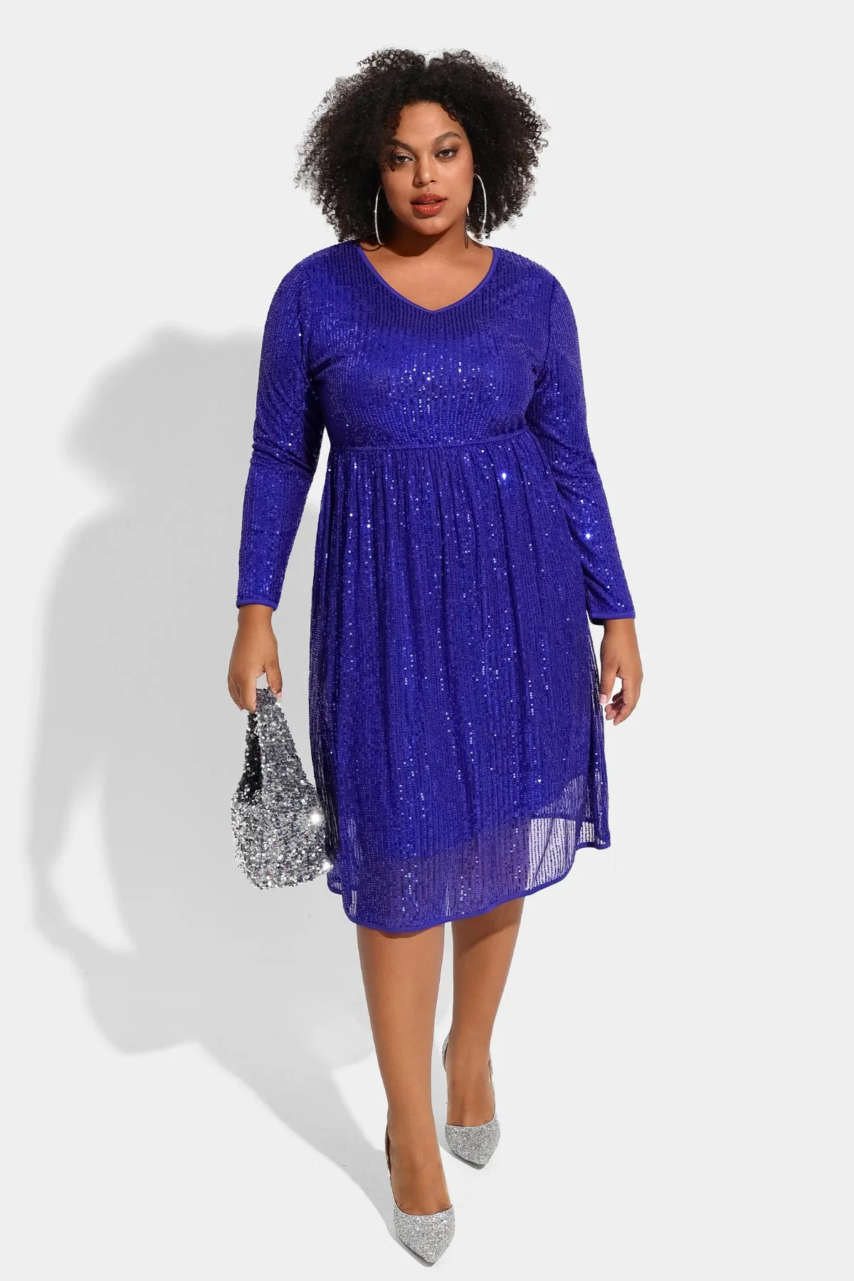 Sequin Sparkle Mesh Hollow Out Pleated Midi Dress