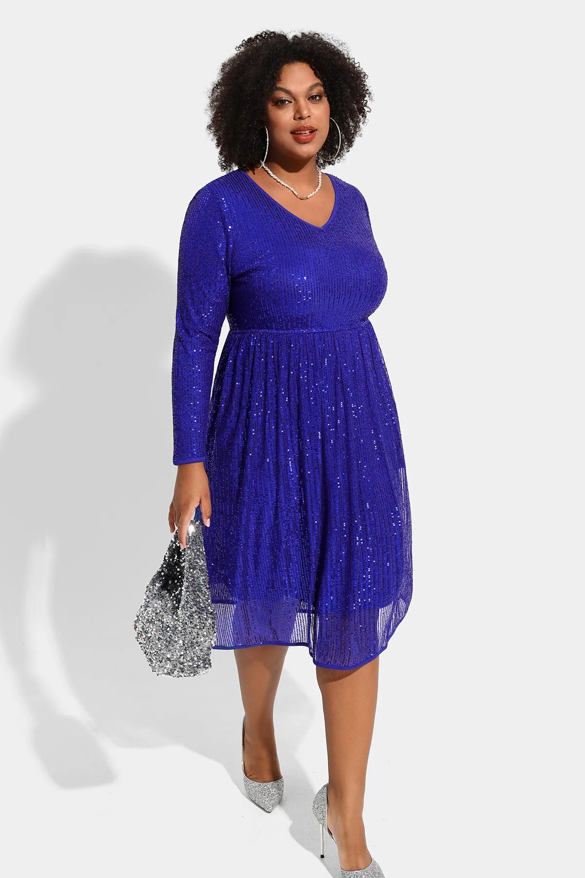 Sequin Sparkle Mesh Hollow Out Pleated Midi Dress