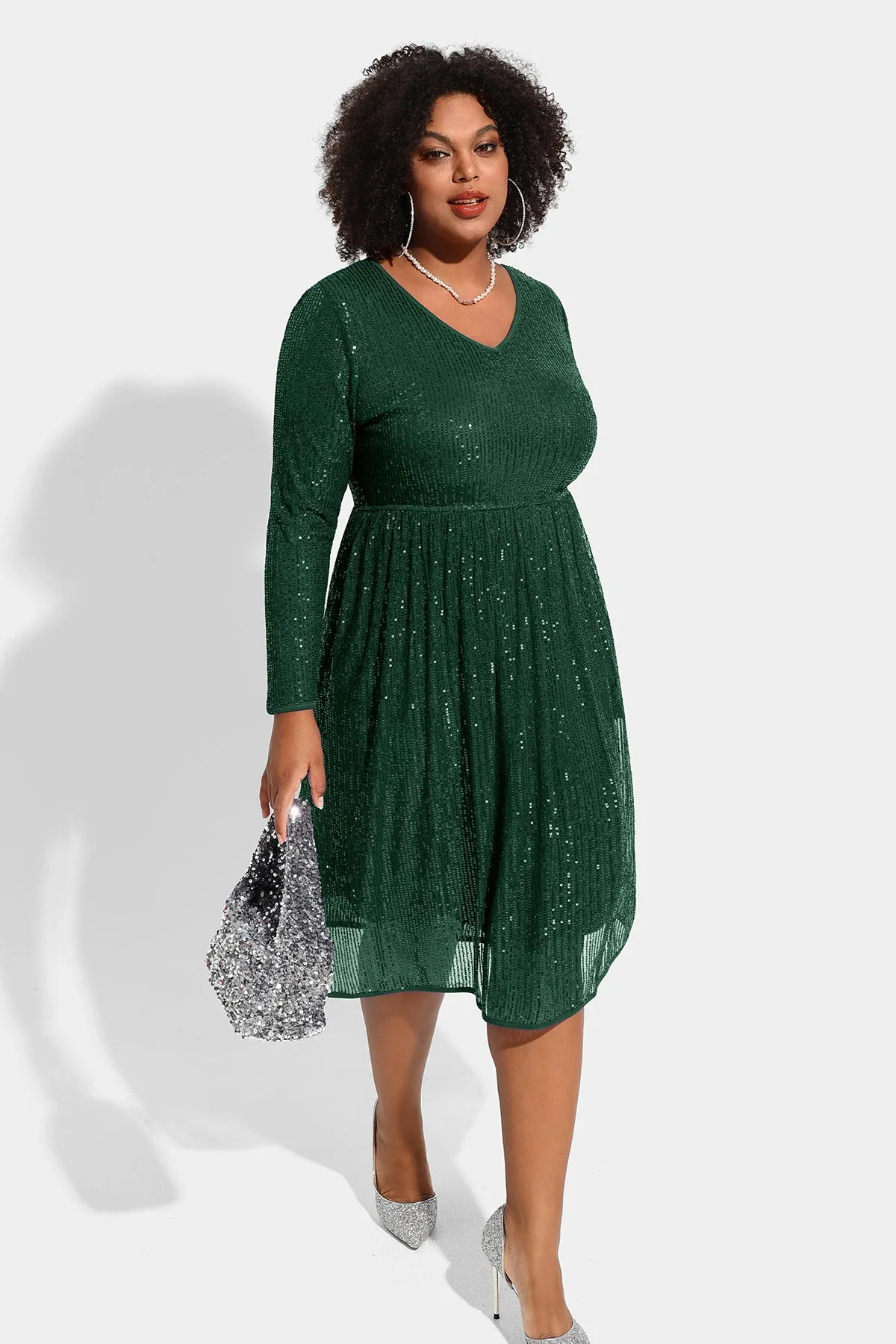 Sequin Sparkle Mesh Hollow Out Pleated Midi Dress