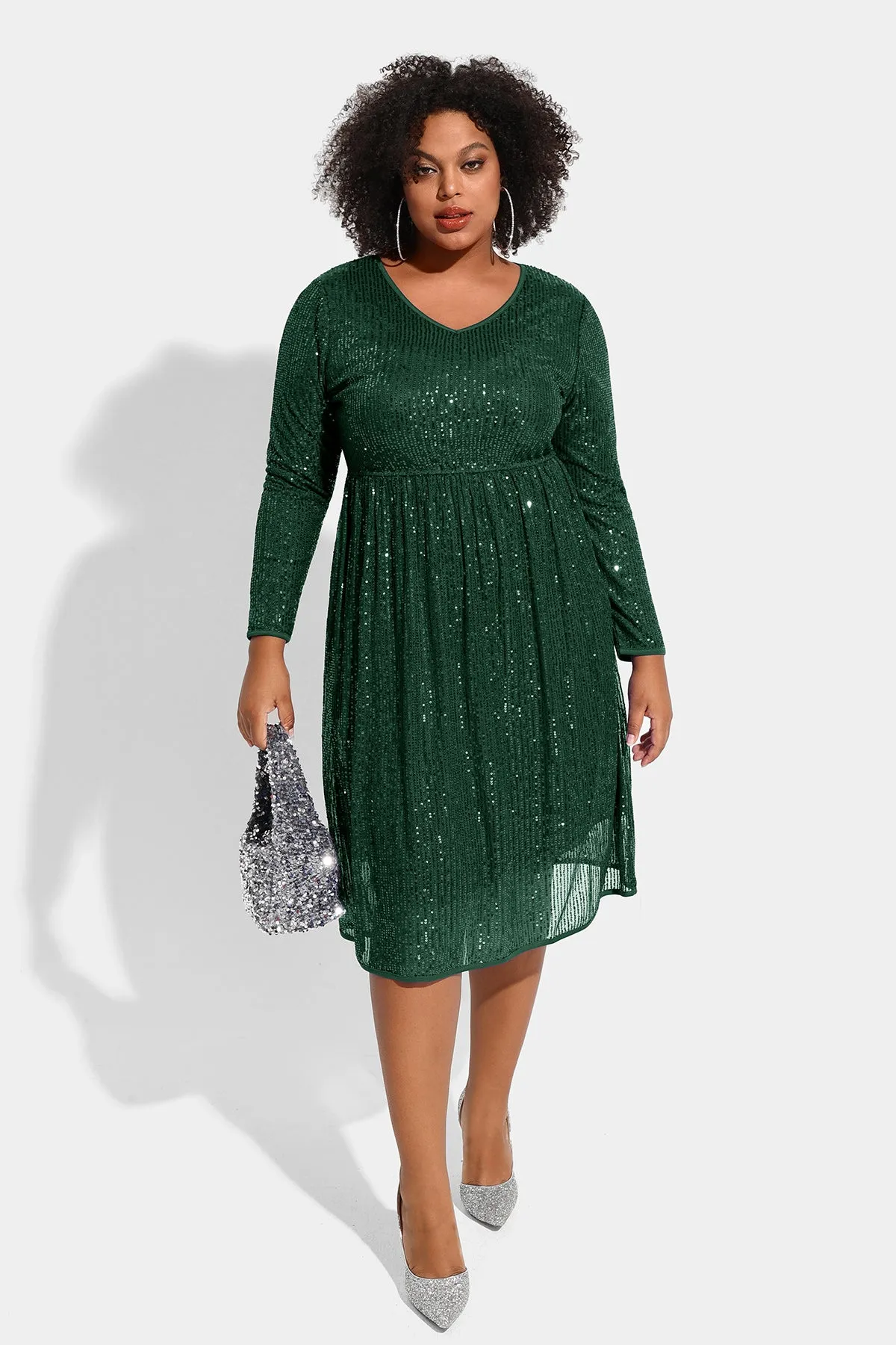 Sequin Sparkle Mesh Hollow Out Pleated Midi Dress