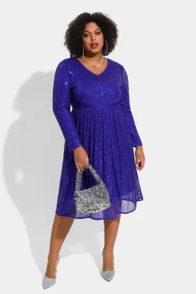 Sequin Sparkle Mesh Hollow Out Pleated Midi Dress