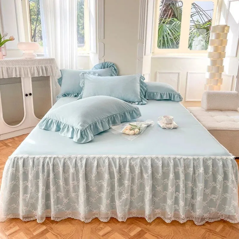 SINOTAO  -  3PCS Lace Skirt Bedding Bed Princess Beige Lace Bed Skirt And Pillowcase Bed Cover Bedspread Bed Sheet Anti Slip Protective