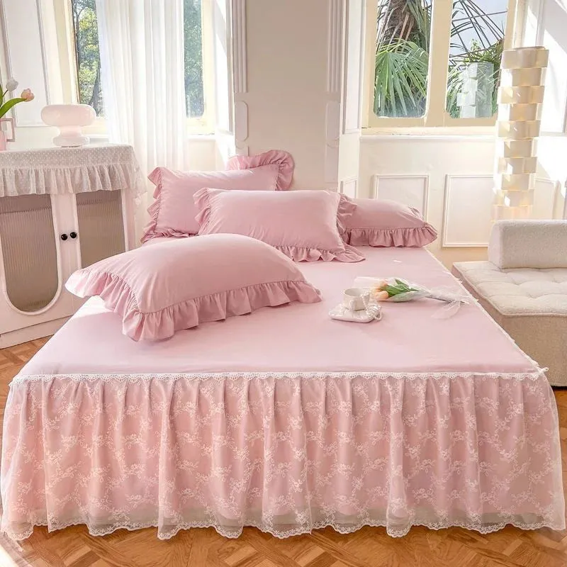 SINOTAO  -  3PCS Lace Skirt Bedding Bed Princess Beige Lace Bed Skirt And Pillowcase Bed Cover Bedspread Bed Sheet Anti Slip Protective