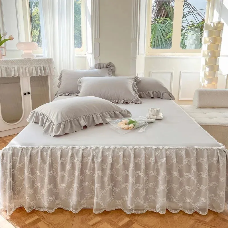 SINOTAO  -  3PCS Lace Skirt Bedding Bed Princess Beige Lace Bed Skirt And Pillowcase Bed Cover Bedspread Bed Sheet Anti Slip Protective