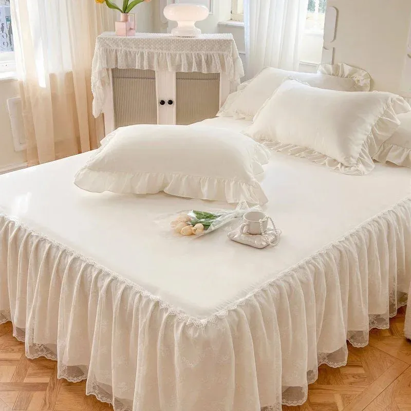 SINOTAO  -  3PCS Lace Skirt Bedding Bed Princess Beige Lace Bed Skirt And Pillowcase Bed Cover Bedspread Bed Sheet Anti Slip Protective