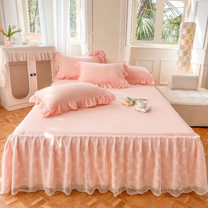 SINOTAO  -  3PCS Lace Skirt Bedding Bed Princess Beige Lace Bed Skirt And Pillowcase Bed Cover Bedspread Bed Sheet Anti Slip Protective