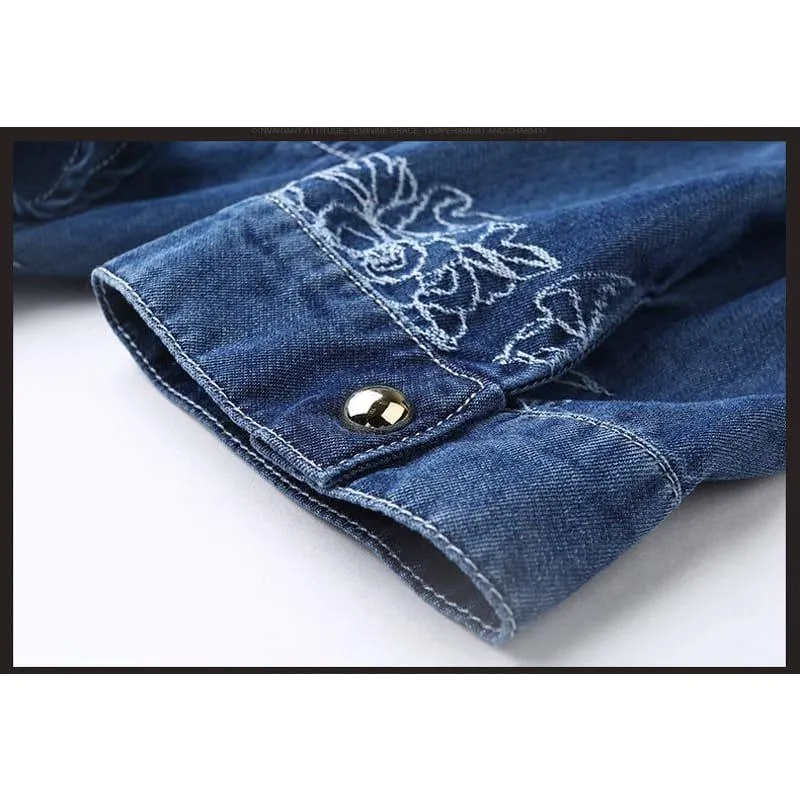 Slim V Neck Jeans Embroidered Party Woman Denim Mini Dress