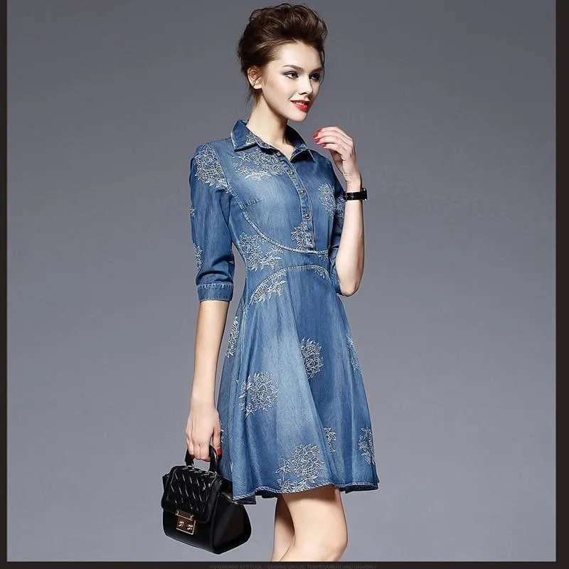 Slim V Neck Jeans Embroidered Party Woman Denim Mini Dress