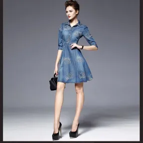 Slim V Neck Jeans Embroidered Party Woman Denim Mini Dress