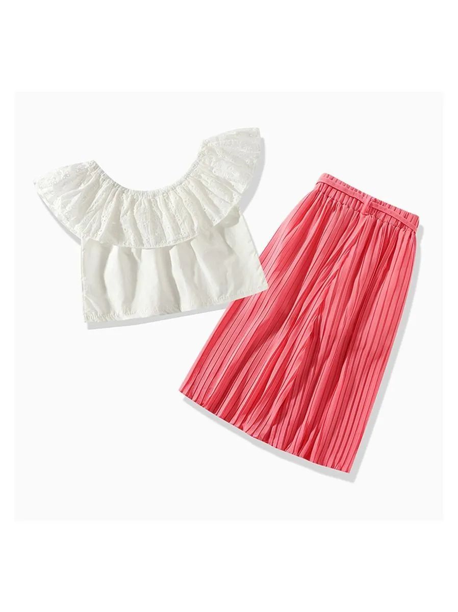 Solid Color 3-Piece Outfit White Off Shoulder Top  Pants Strip For Toddler Girl