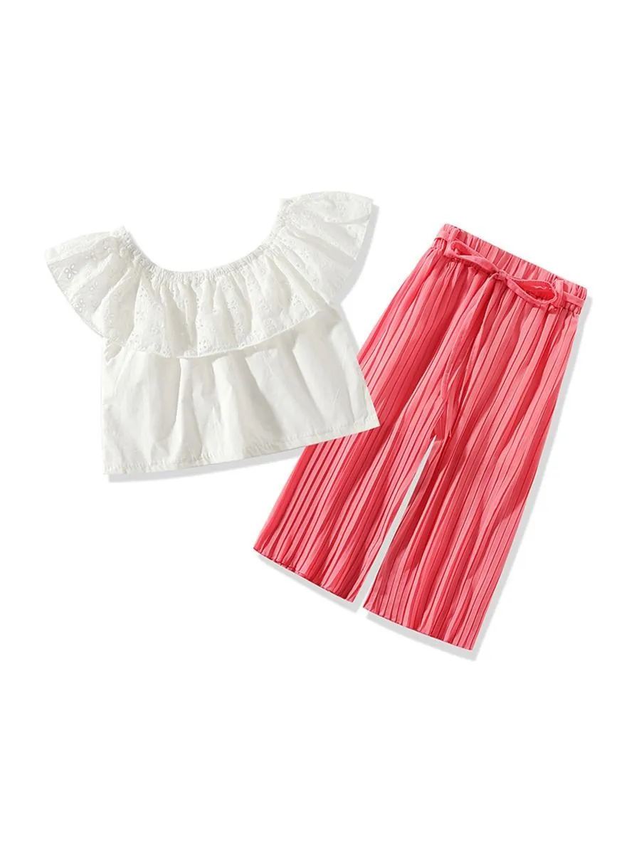 Solid Color 3-Piece Outfit White Off Shoulder Top  Pants Strip For Toddler Girl