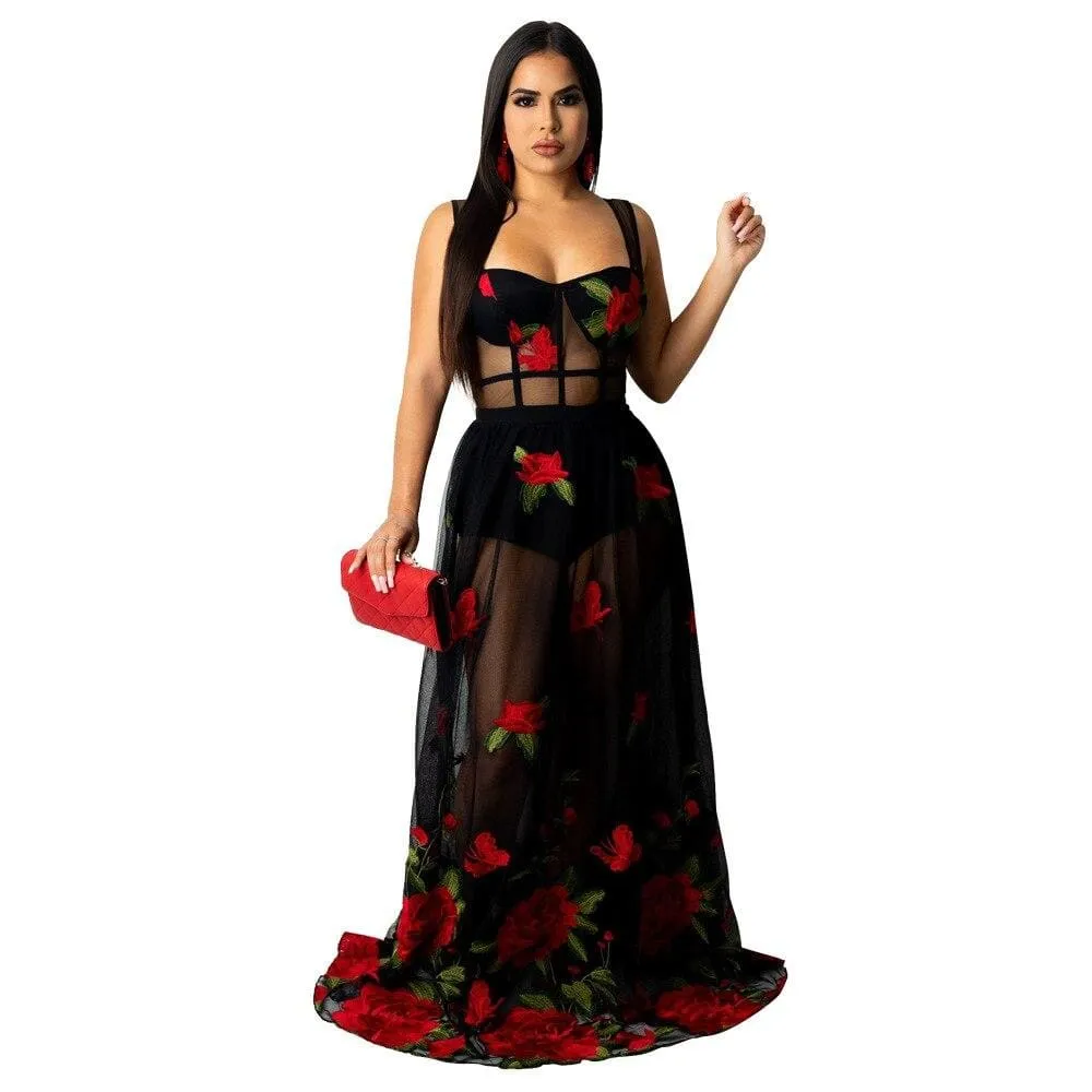 Square Collar Full Body Embroidery Floor-length Mesh Gown Dress