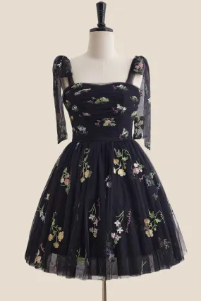 Straps Black Floral Ruched Tulle Short Dress