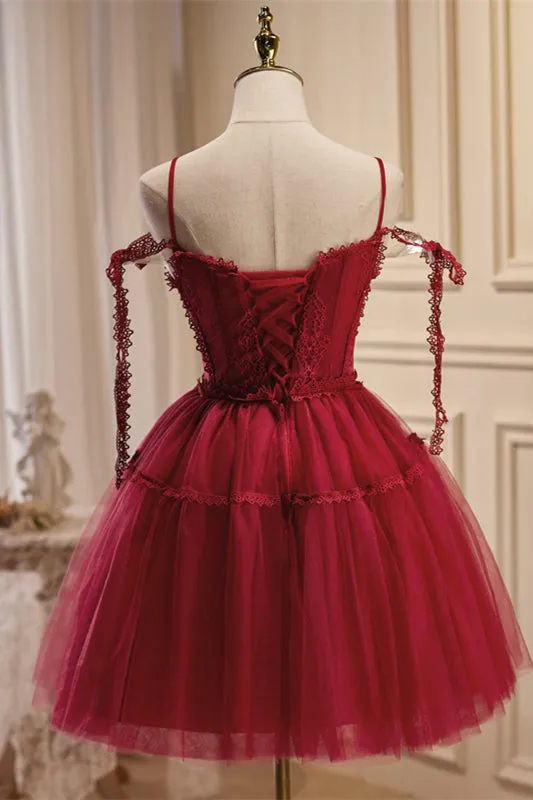 Straps Red Lace and Tulle Short Party Dress